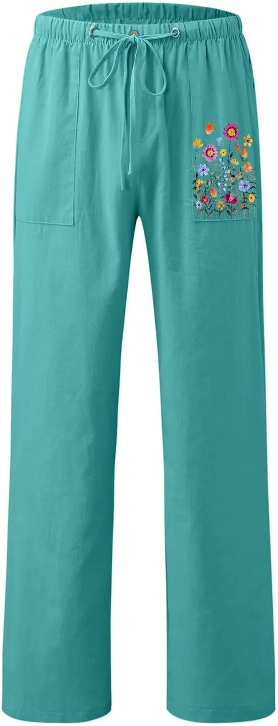 Linen Pants for Women Solid Elastic Pants Long Drawstring Linen Women Waist Cotton Casual Pants Tall Pants for Women
