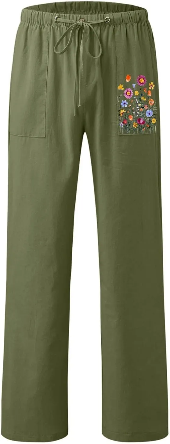 Linen Pants for Women Solid Elastic Pants Long Drawstring Linen Women Waist Cotton Casual Pants Tall Pants for Women