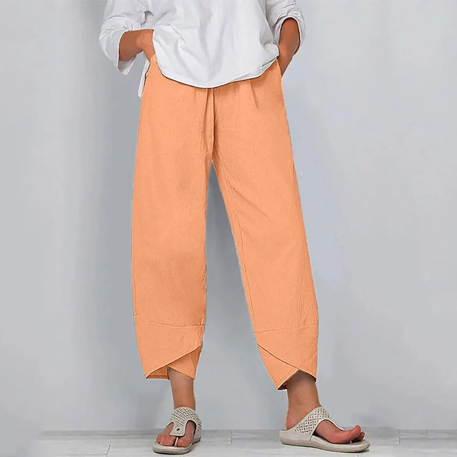 Linen Pants for Women Wide Leg High Waisted Drawstring Trousers Summer Casual Loose Trendy Beach Pants with Pockets