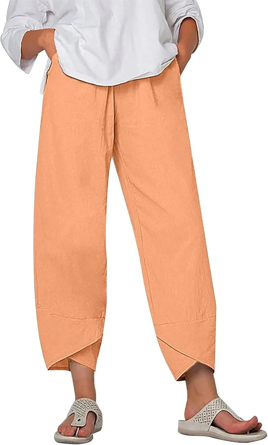 Linen Pants for Women Wide Leg High Waisted Drawstring Trousers Summer Casual Loose Trendy Beach Pants with Pockets