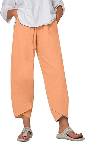 Linen Pants for Women Wide Leg High Waisted Drawstring Trousers Summer Casual Loose Trendy Beach Pants with Pockets