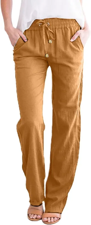 Linen Pants Women Drawstring High Waisted Elastic Summer Fall Fashion Lightweight Palazzo Plus Size Trousers Outfits