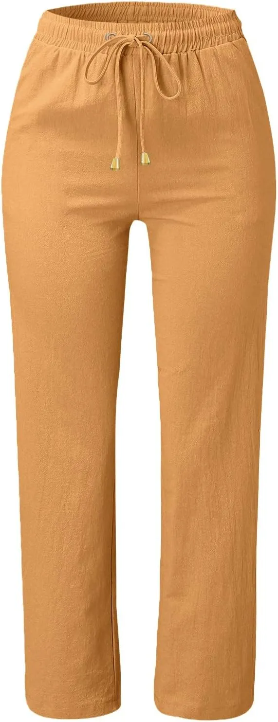 Linen Pants Women Drawstring High Waisted Elastic Summer Fall Fashion Lightweight Palazzo Plus Size Trousers Outfits