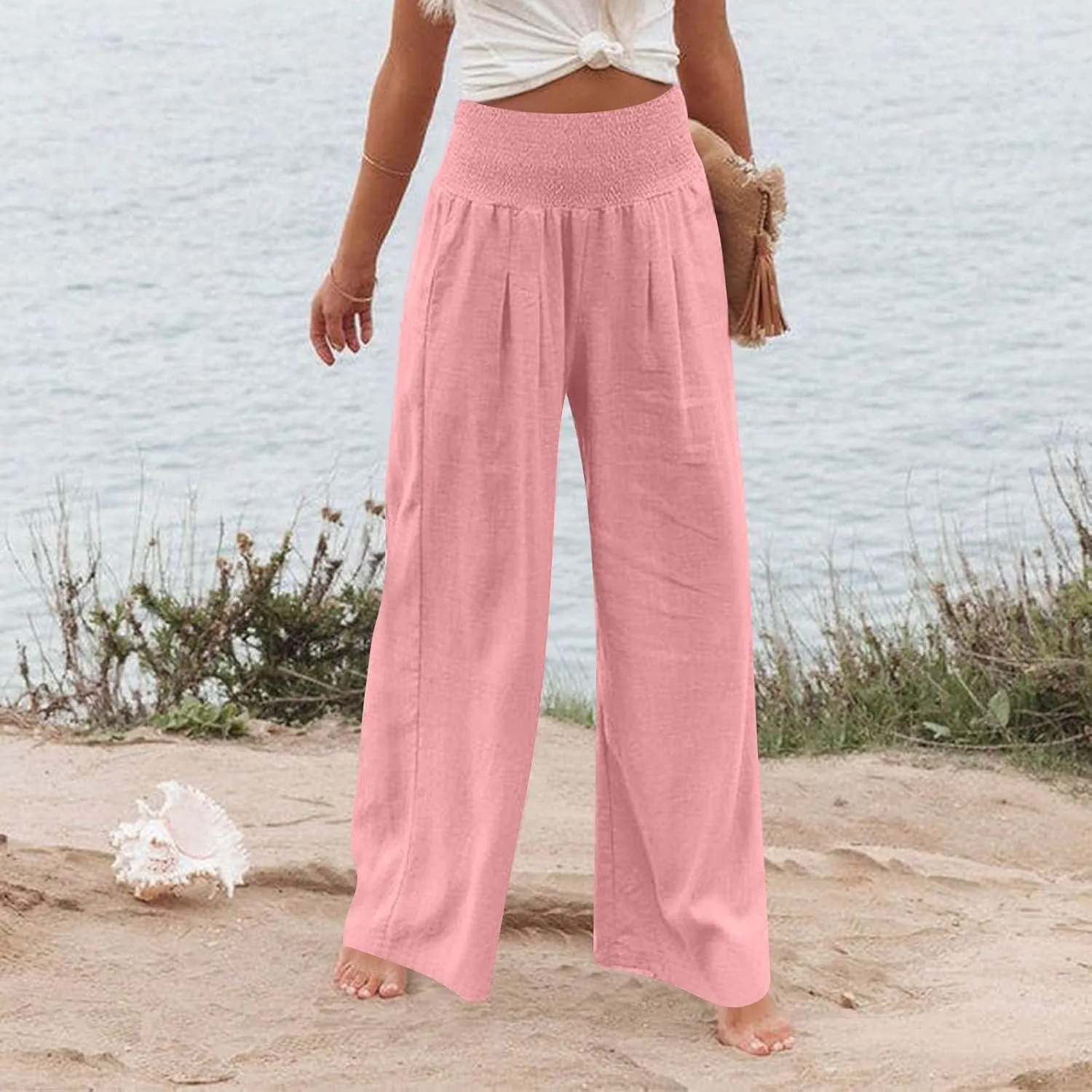 Linen Pants Women Summer High Waisted Palazzo Pants Pleated Lounge Pant Baggy Flowy Trousers with Pockets (S-XXL)