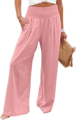 Linen Pants Women Summer High Waisted Palazzo Pants Pleated Lounge Pant Baggy Flowy Trousers with Pockets (S-XXL)