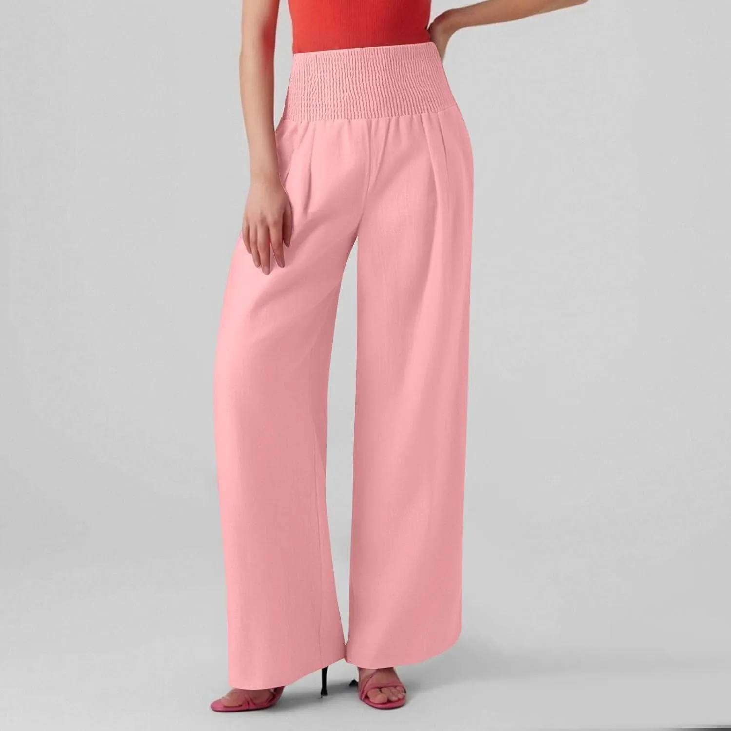 Linen Pants Women Summer High Waisted Palazzo Pants Pleated Lounge Pant Baggy Flowy Trousers with Pockets (S-XXL)