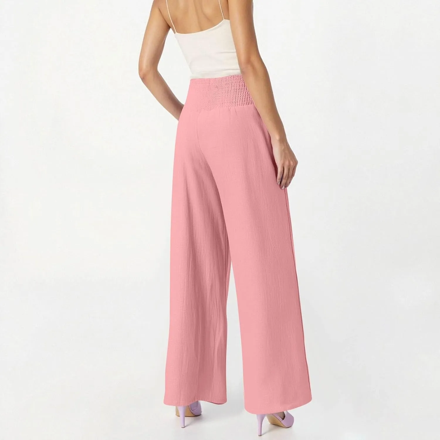 Linen Pants Women Summer High Waisted Palazzo Pants Pleated Lounge Pant Baggy Flowy Trousers with Pockets (S-XXL)