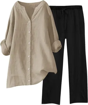Linen Sets For Women Dressy 2 Piece Set Plus Size Button Matching Shirts Casual Loose Summer Drawstring Pants Outfits