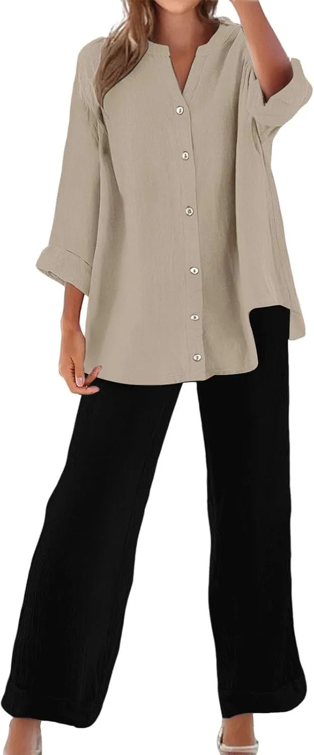 Linen Sets For Women Dressy 2 Piece Set Plus Size Button Matching Shirts Casual Loose Summer Drawstring Pants Outfits