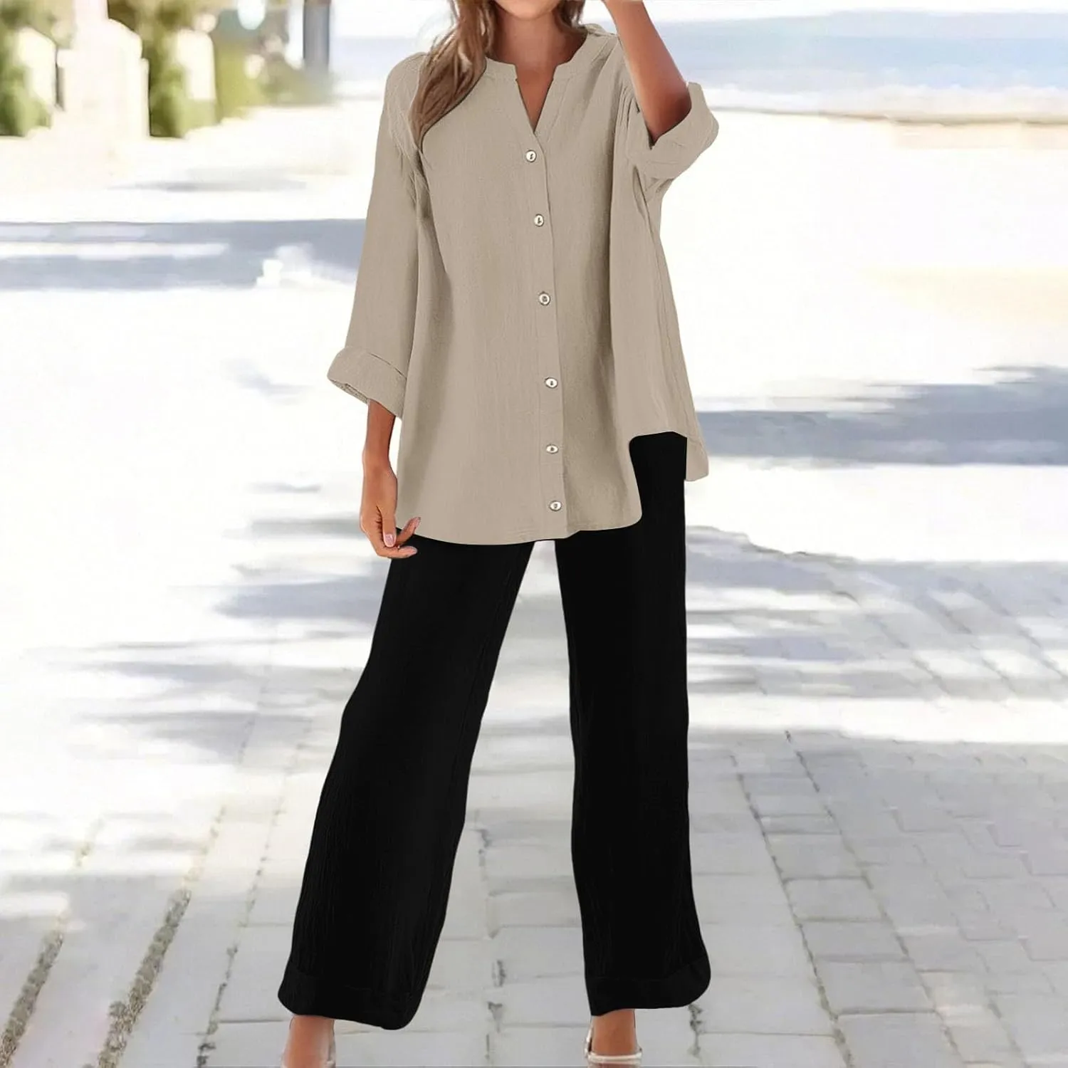 Linen Sets For Women Dressy 2 Piece Set Plus Size Button Matching Shirts Casual Loose Summer Drawstring Pants Outfits
