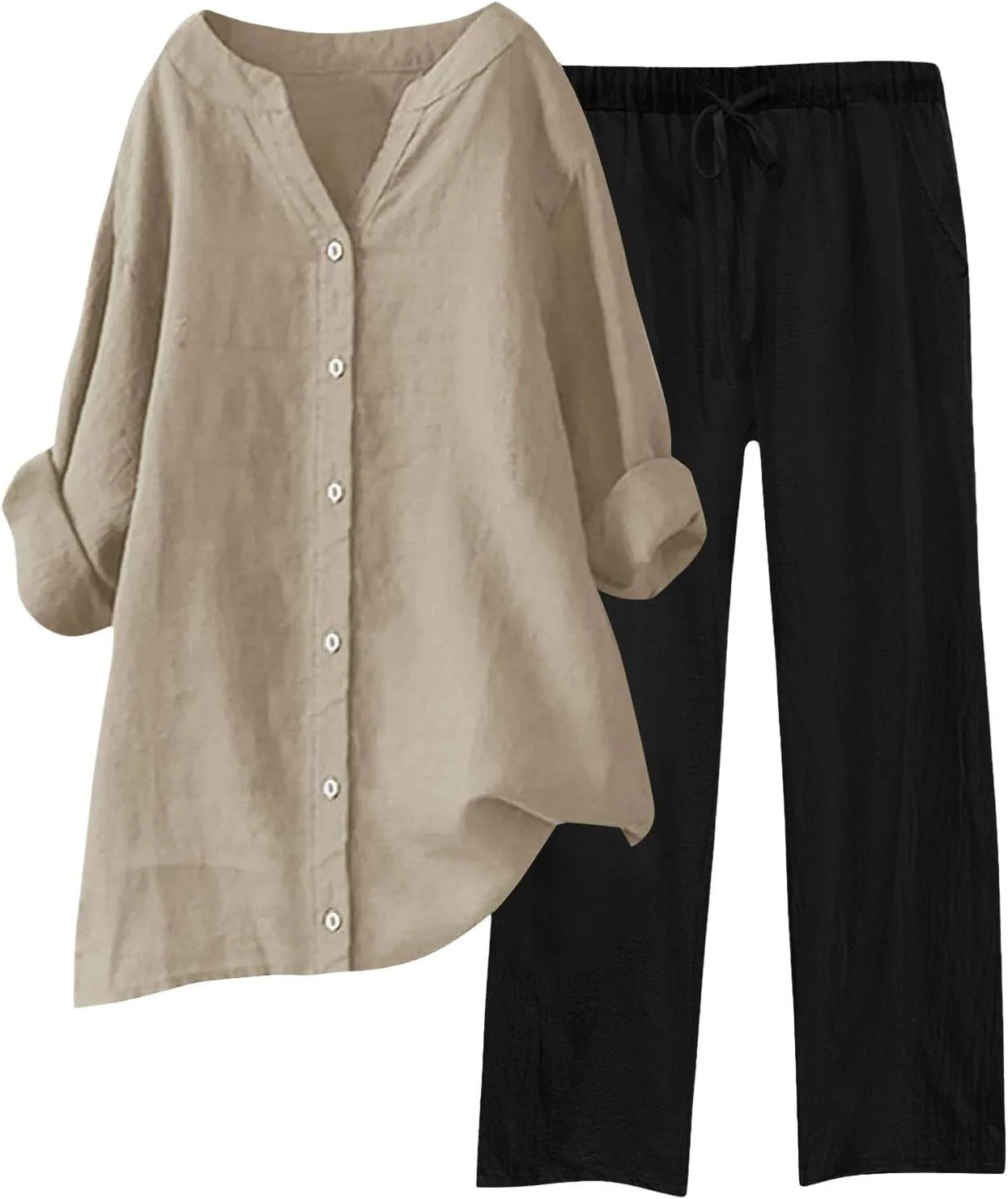 Linen Sets For Women Dressy 2 Piece Set Plus Size Button Matching Shirts Casual Loose Summer Drawstring Pants Outfits