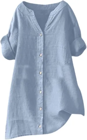 Linen Shirts for Women 2025 Button Down Shirt 3/4 Sleeve Tops V Neck Loose Fit Blouses Casual Summer Tunic Top