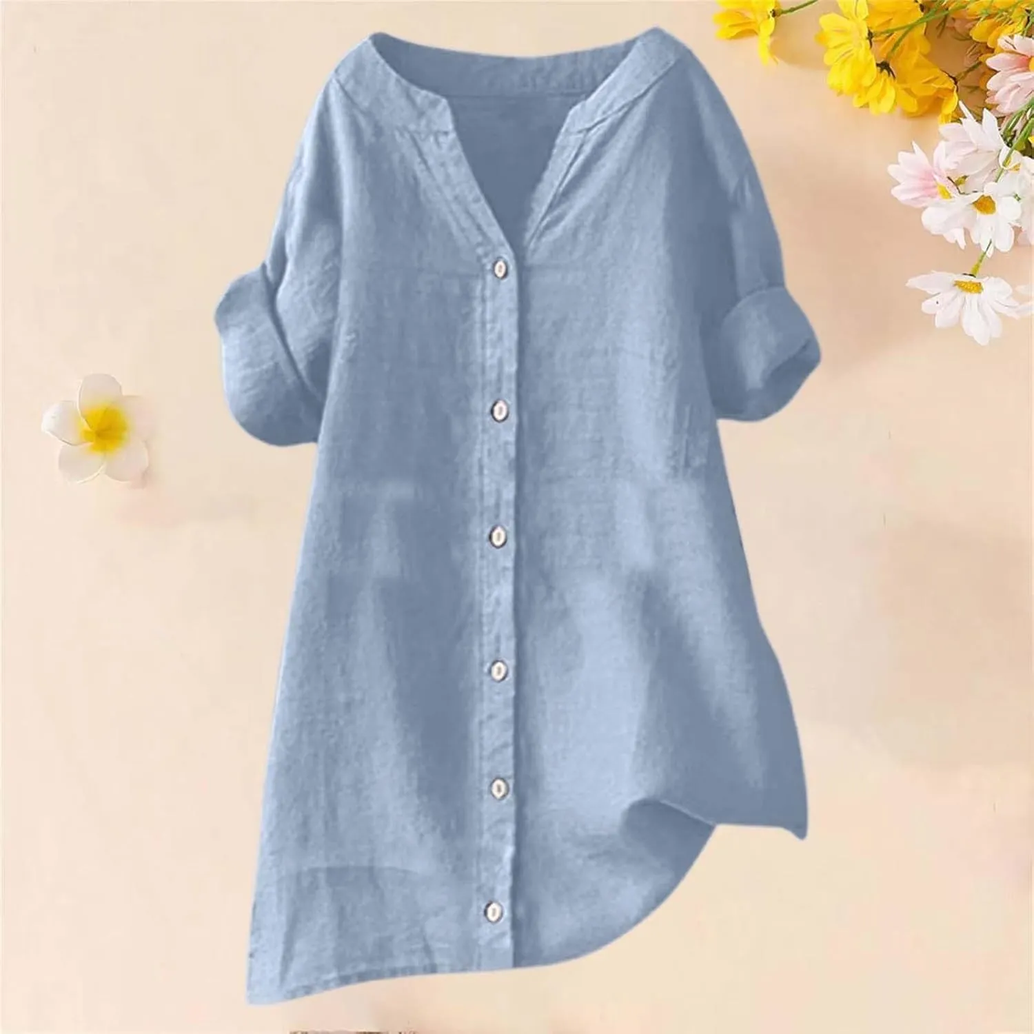 Linen Shirts for Women 2025 Button Down Shirt 3/4 Sleeve Tops V Neck Loose Fit Blouses Casual Summer Tunic Top