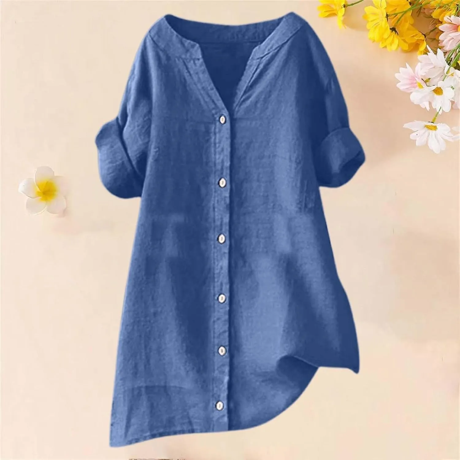 Linen Shirts for Women 2025 Button Down Shirt 3/4 Sleeve Tops V Neck Loose Fit Blouses Casual Summer Tunic Top