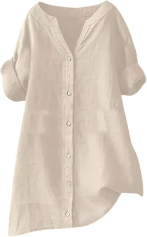 Linen Shirts for Women 2025 Button Down Shirt 3/4 Sleeve Tops V Neck Loose Fit Blouses Casual Summer Tunic Top