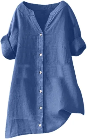Linen Shirts for Women 2025 Button Down Shirt 3/4 Sleeve Tops V Neck Loose Fit Blouses Casual Summer Tunic Top