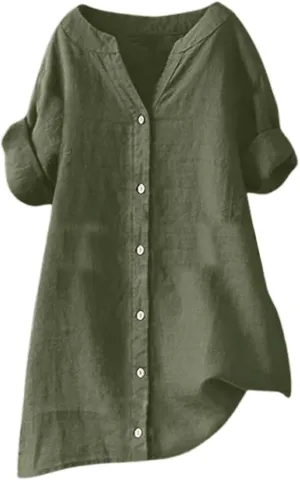 Linen Shirts for Women 2025 Button Down Shirt 3/4 Sleeve Tops V Neck Loose Fit Blouses Casual Summer Tunic Top