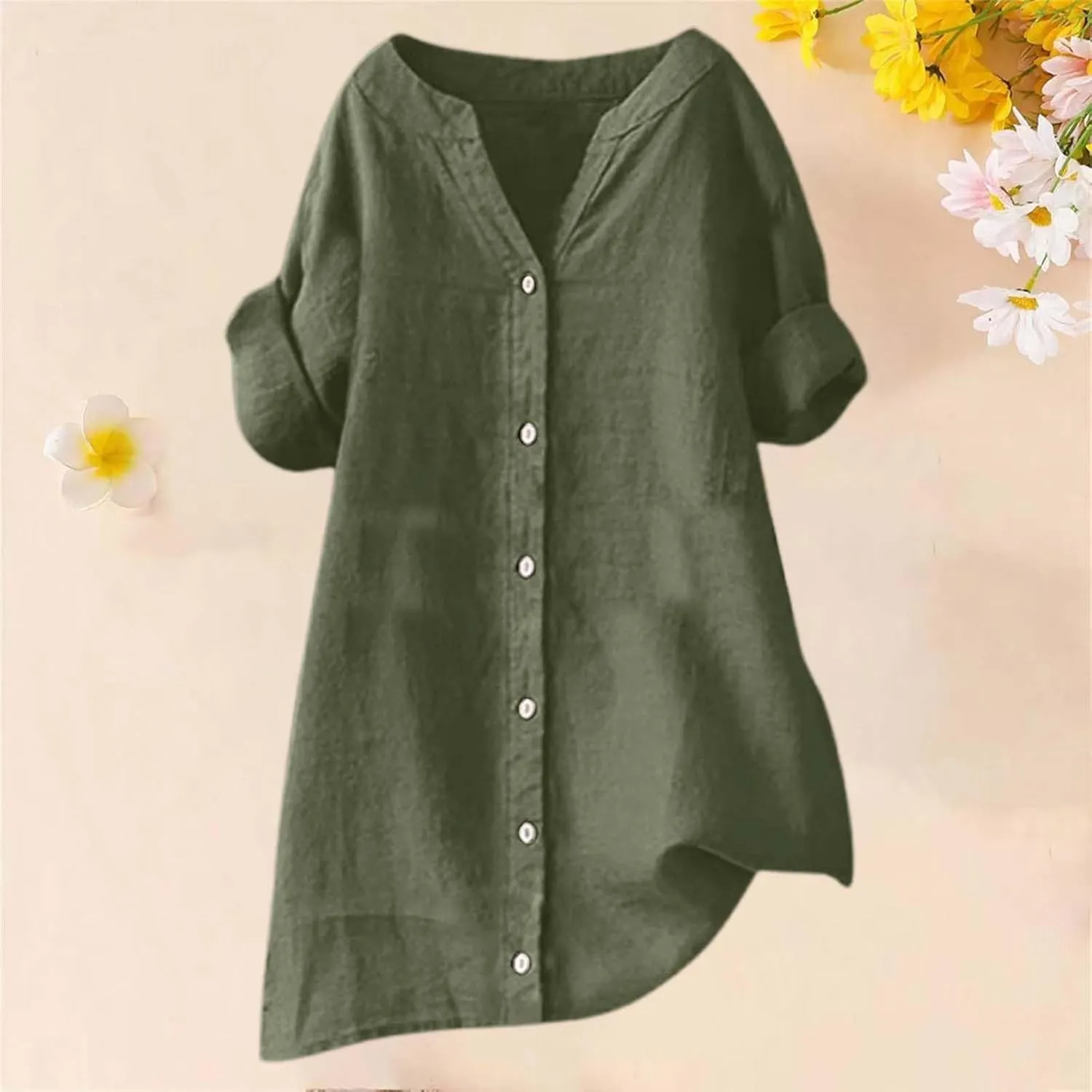 Linen Shirts for Women 2025 Button Down Shirt 3/4 Sleeve Tops V Neck Loose Fit Blouses Casual Summer Tunic Top