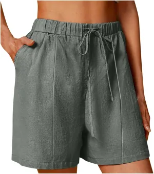 Linen Shorts for Women Drawstring Elastic High Waist Linen Shorts Casual Summer Beach Vacation Pants with Pockets