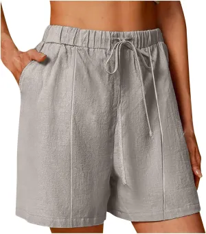 Linen Shorts for Women Drawstring Elastic High Waist Linen Shorts Casual Summer Beach Vacation Pants with Pockets