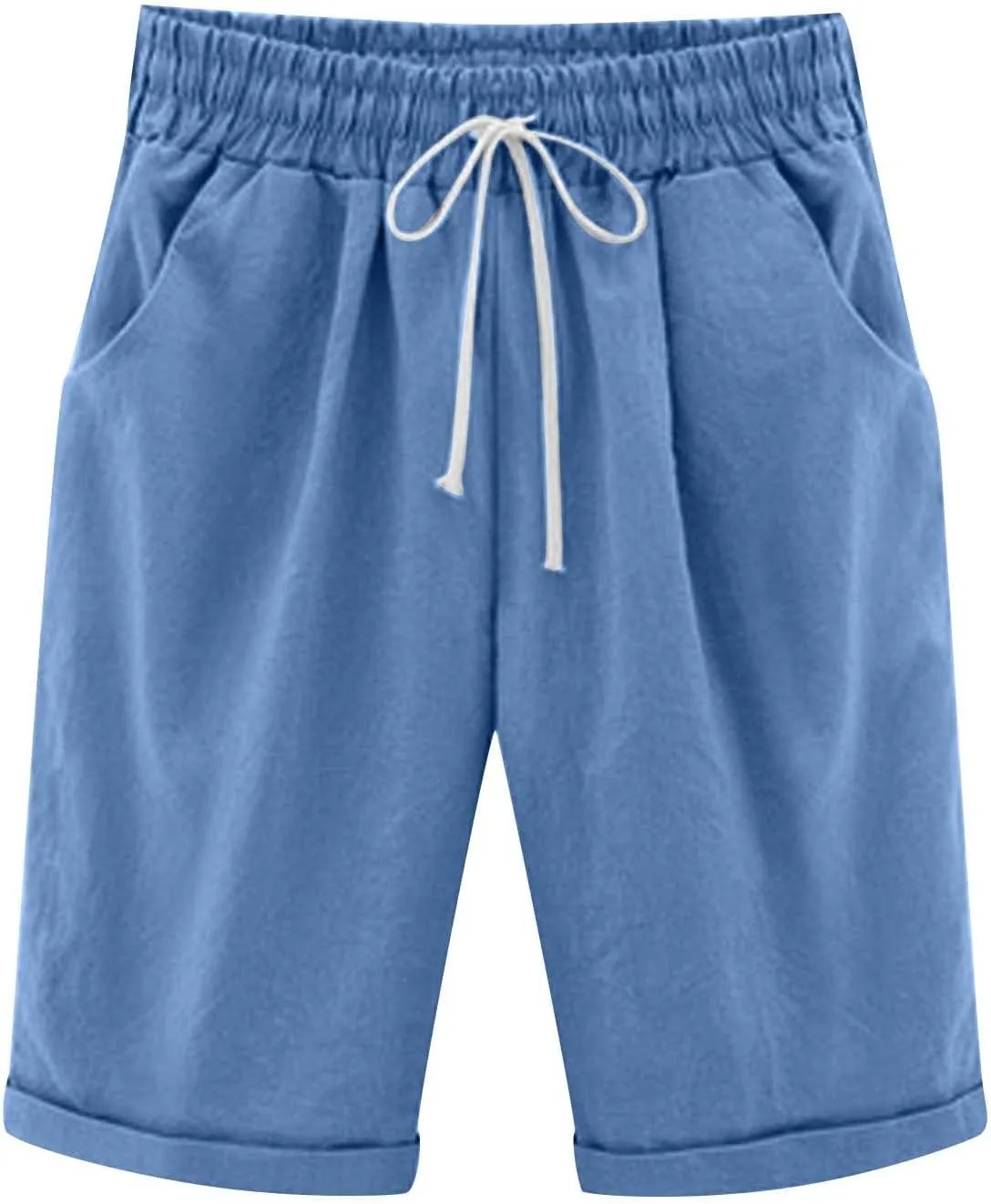 Linen Shorts for Women Plus Size Casual Drawstring Elastic Wide Leg Short Pants Summer Beach Outfits with Pockets