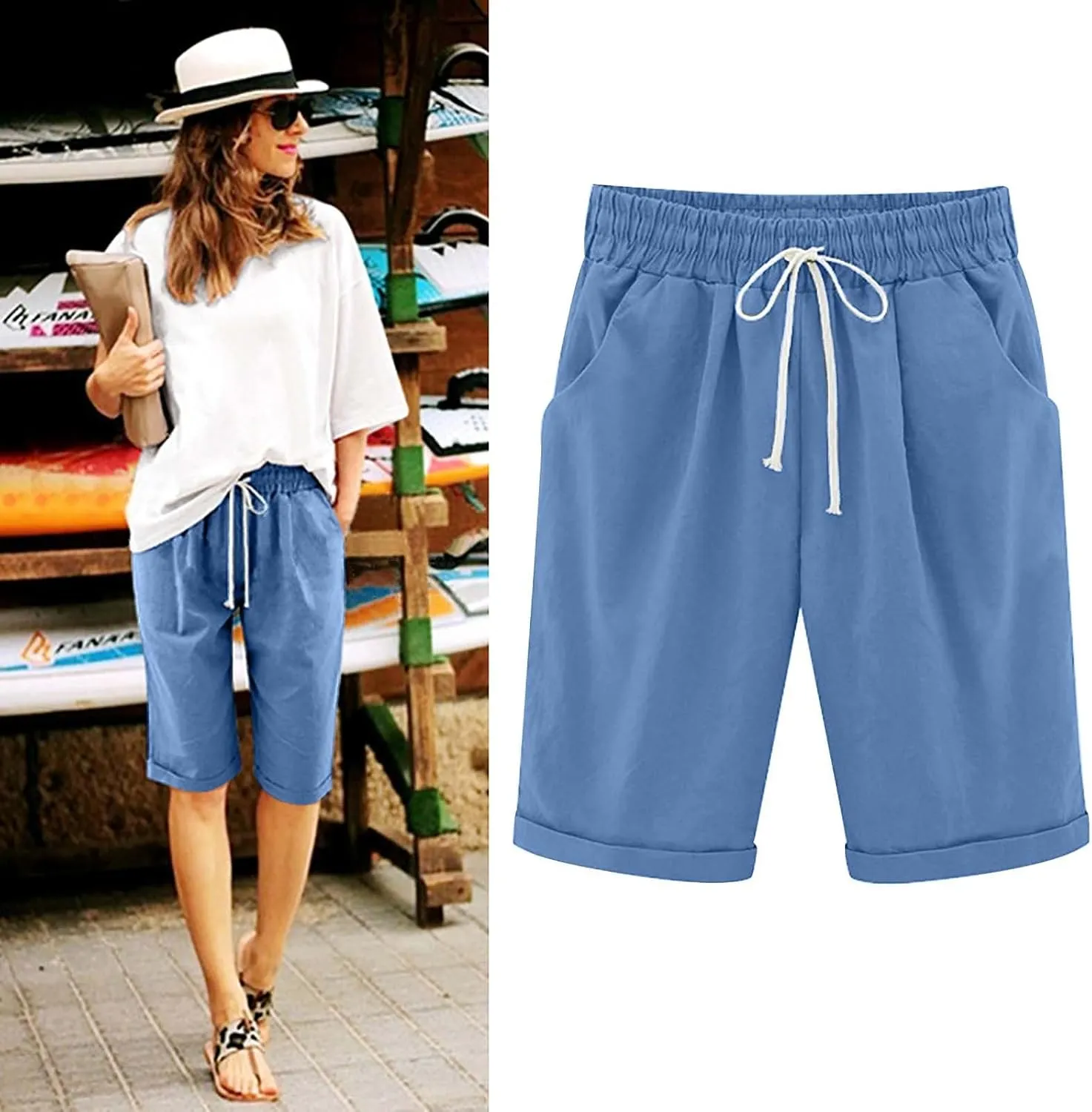 Linen Shorts for Women Plus Size Casual Drawstring Elastic Wide Leg Short Pants Summer Beach Outfits with Pockets