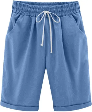 Linen Shorts for Women Plus Size Casual Drawstring Elastic Wide Leg Short Pants Summer Beach Outfits with Pockets