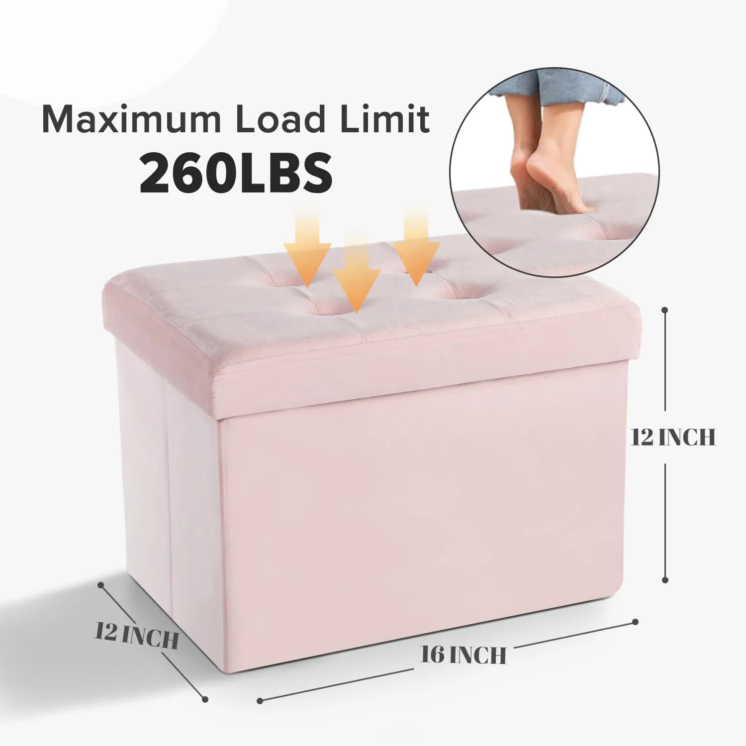 LINMAGCO Small Velvet Ottoman with Storage Rectangle Foot Rest Under Desk Stool for Room Folding Ottoman Furniture with Button turfted-Lightpink 16X12X12IN