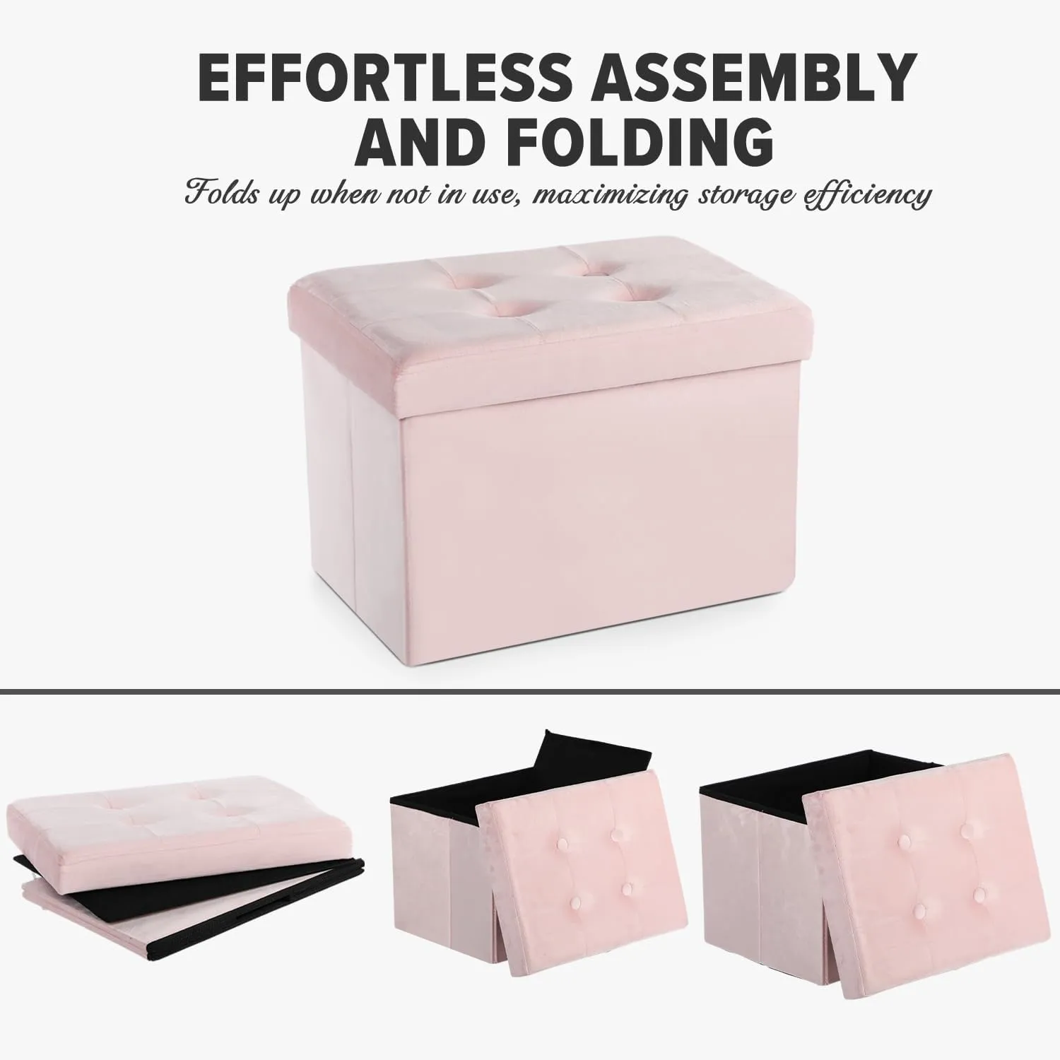 LINMAGCO Small Velvet Ottoman with Storage Rectangle Foot Rest Under Desk Stool for Room Folding Ottoman Furniture with Button turfted-Lightpink 16X12X12IN