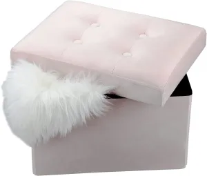 LINMAGCO Small Velvet Ottoman with Storage Rectangle Foot Rest Under Desk Stool for Room Folding Ottoman Furniture with Button turfted-Lightpink 16X12X12IN