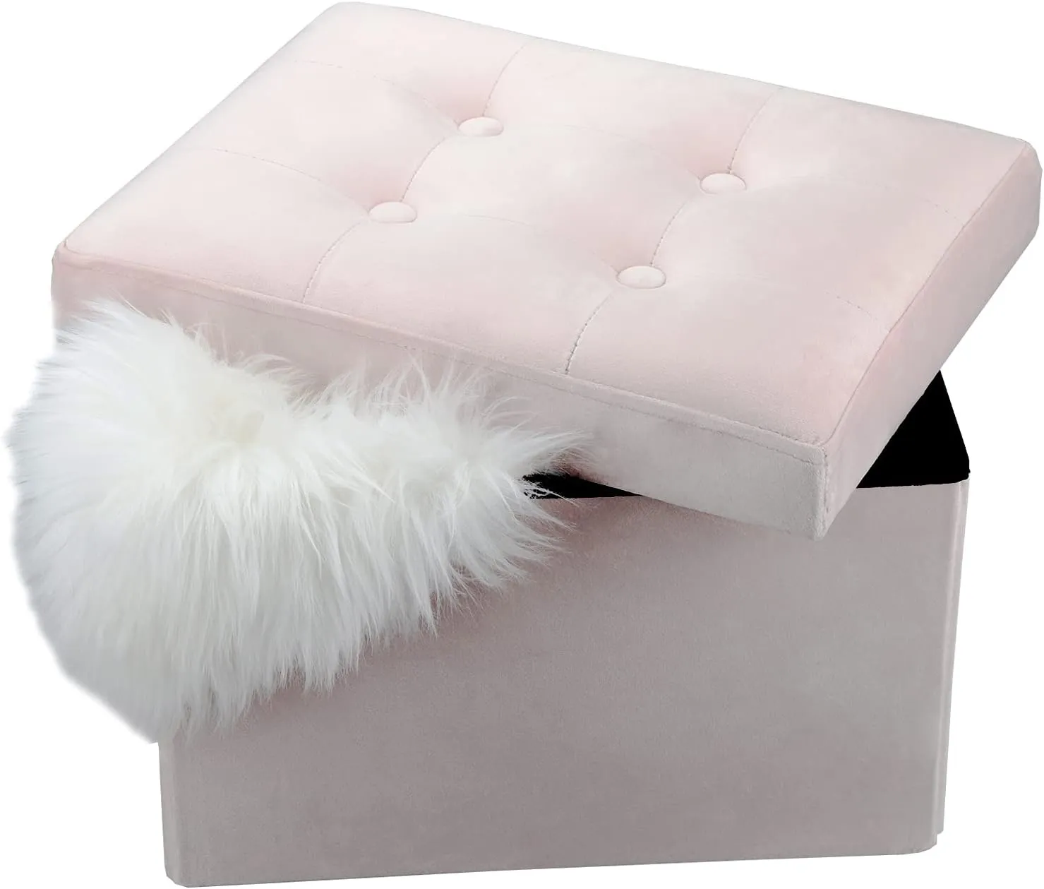 LINMAGCO Small Velvet Ottoman with Storage Rectangle Foot Rest Under Desk Stool for Room Folding Ottoman Furniture with Button turfted-Lightpink 16X12X12IN