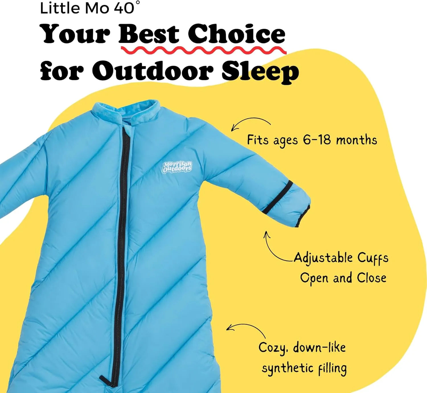 Little Mo 40° Baby Sleeping Bag (6-18 Months) The Camping Sleeping Bag for Babies and Toddlers with Adjustable Open-and-Close Cuffs and Thick, Lofty Insulation.