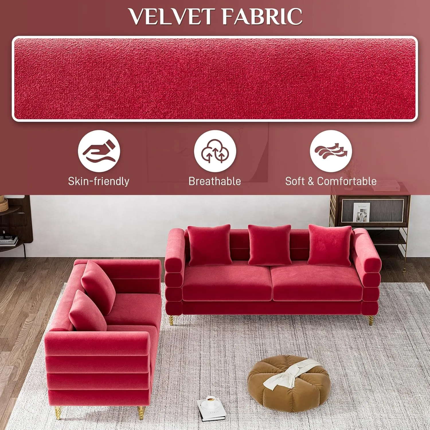 Living Room Sofa and Loveseat Set, Modern Comfy Overstuffed Velvet Deep Seat Cloud Couch with 5 Pillows, Oversized Chesterfield Furniture Sets for Living Room Bedroom, Red Velvet