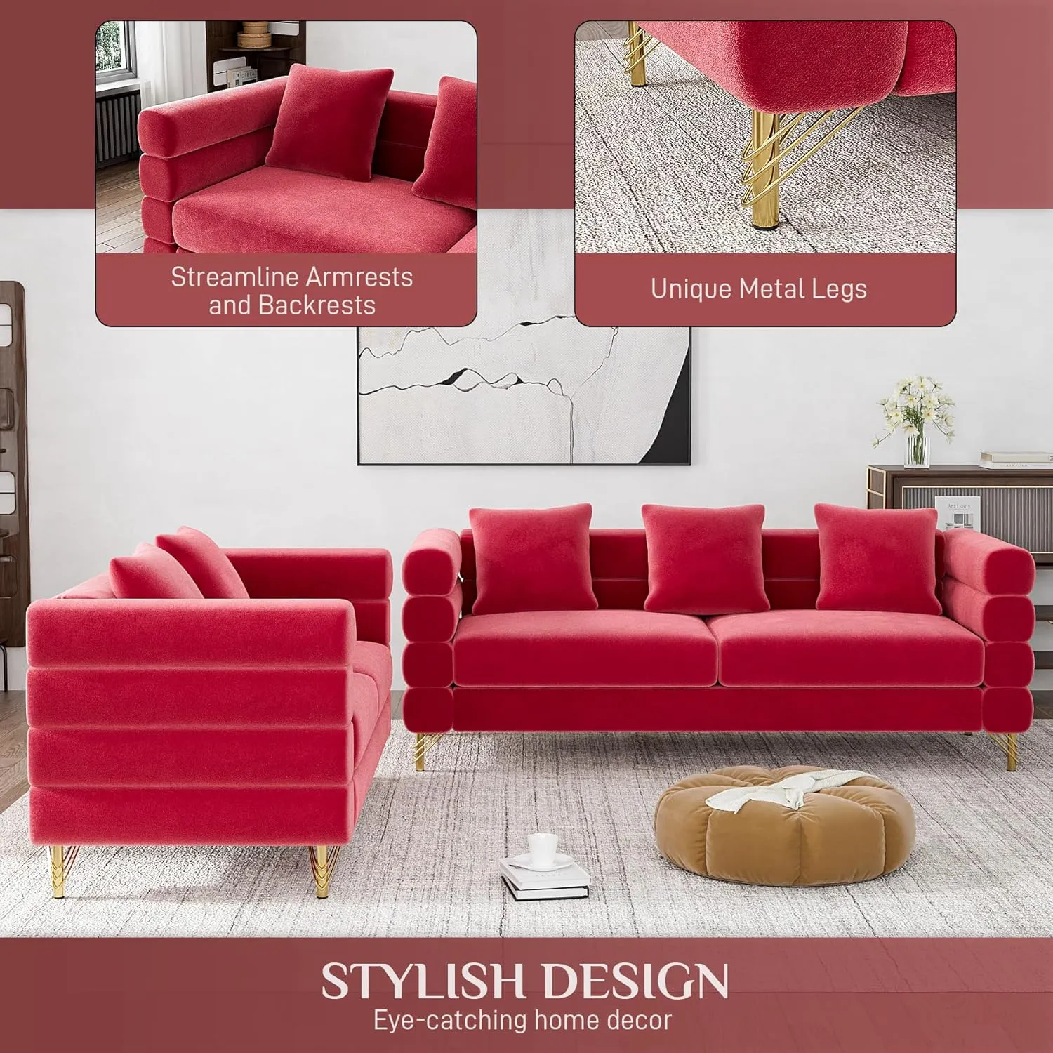 Living Room Sofa and Loveseat Set, Modern Comfy Overstuffed Velvet Deep Seat Cloud Couch with 5 Pillows, Oversized Chesterfield Furniture Sets for Living Room Bedroom, Red Velvet