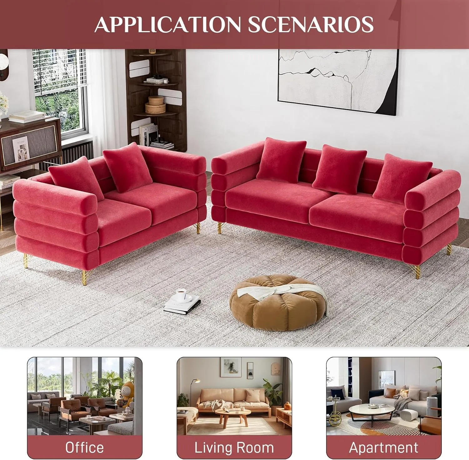 Living Room Sofa and Loveseat Set, Modern Comfy Overstuffed Velvet Deep Seat Cloud Couch with 5 Pillows, Oversized Chesterfield Furniture Sets for Living Room Bedroom, Red Velvet