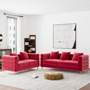 Living Room Sofa and Loveseat Set, Modern Comfy Overstuffed Velvet Deep Seat Cloud Couch with 5 Pillows, Oversized Chesterfield Furniture Sets for Living Room Bedroom, Red Velvet