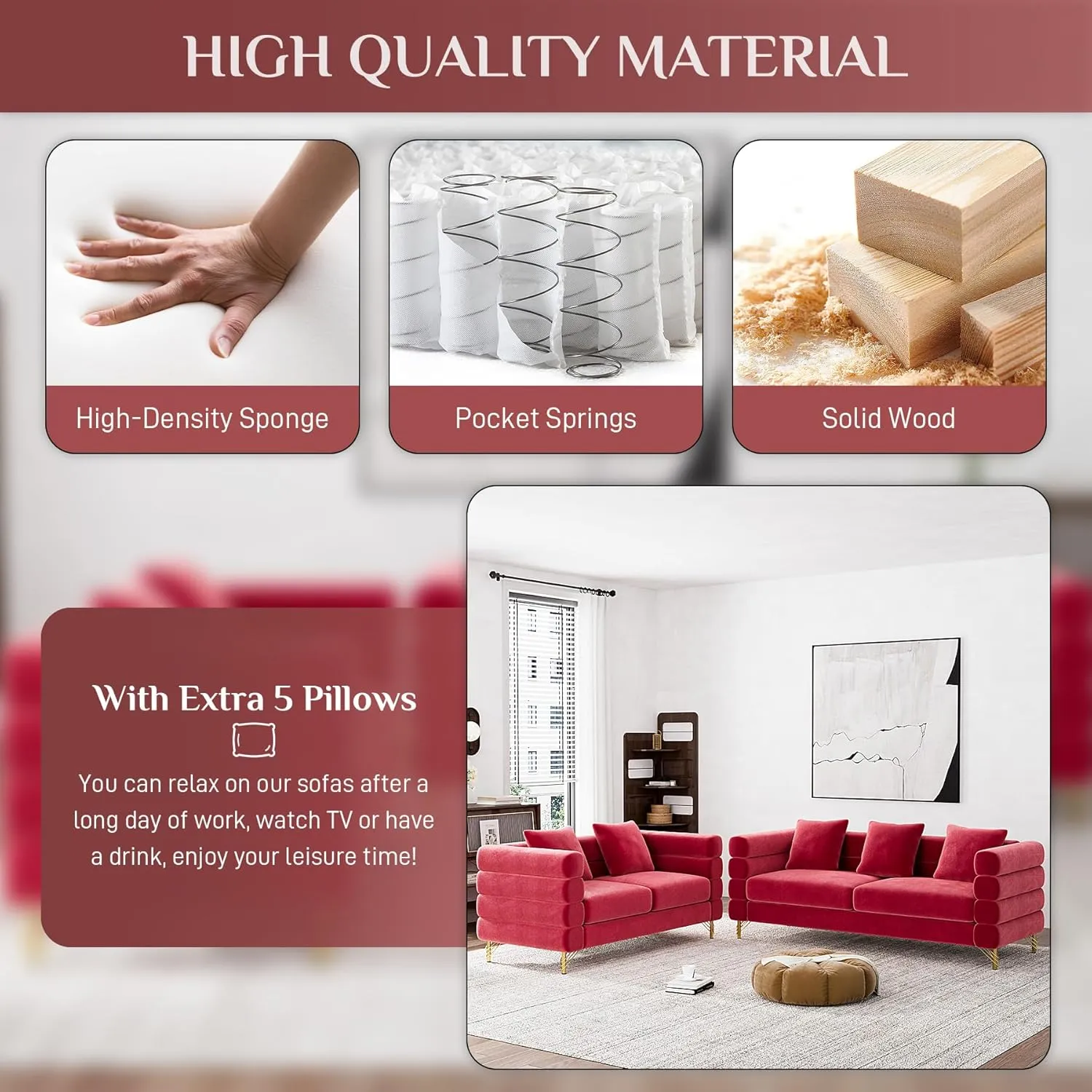 Living Room Sofa and Loveseat Set, Modern Comfy Overstuffed Velvet Deep Seat Cloud Couch with 5 Pillows, Oversized Chesterfield Furniture Sets for Living Room Bedroom, Red Velvet