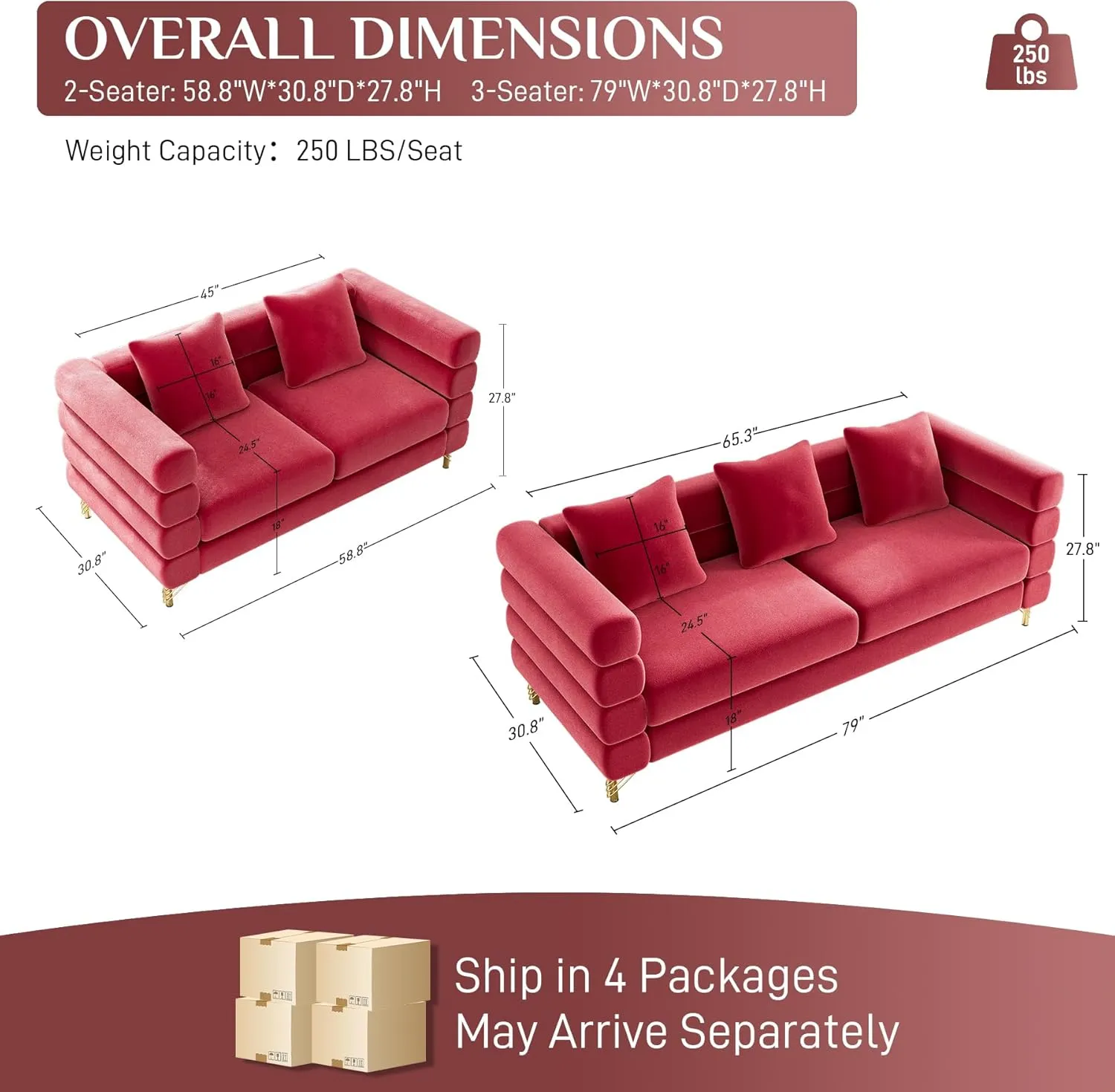 Living Room Sofa and Loveseat Set, Modern Comfy Overstuffed Velvet Deep Seat Cloud Couch with 5 Pillows, Oversized Chesterfield Furniture Sets for Living Room Bedroom, Red Velvet