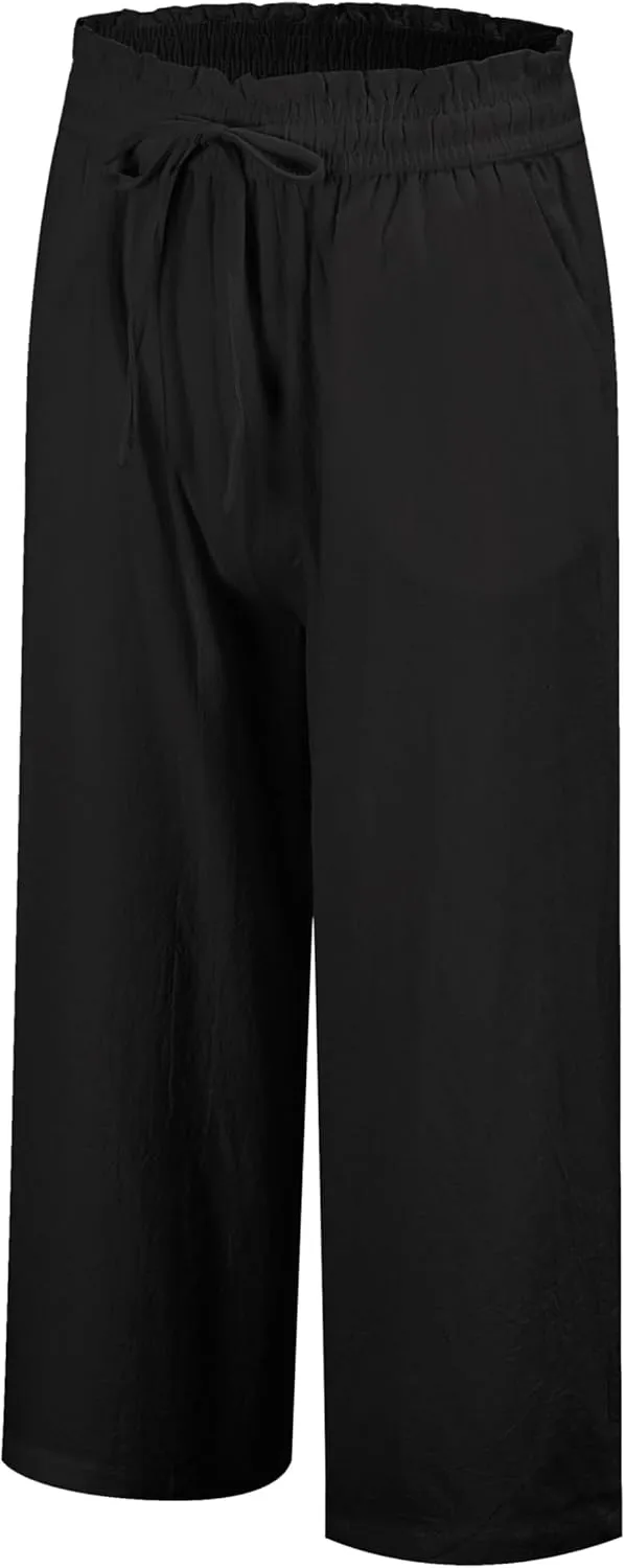 LNX Womens Linen Pants High Waisted Wide Leg Drawstring Casual Loose Trousers with Pockets