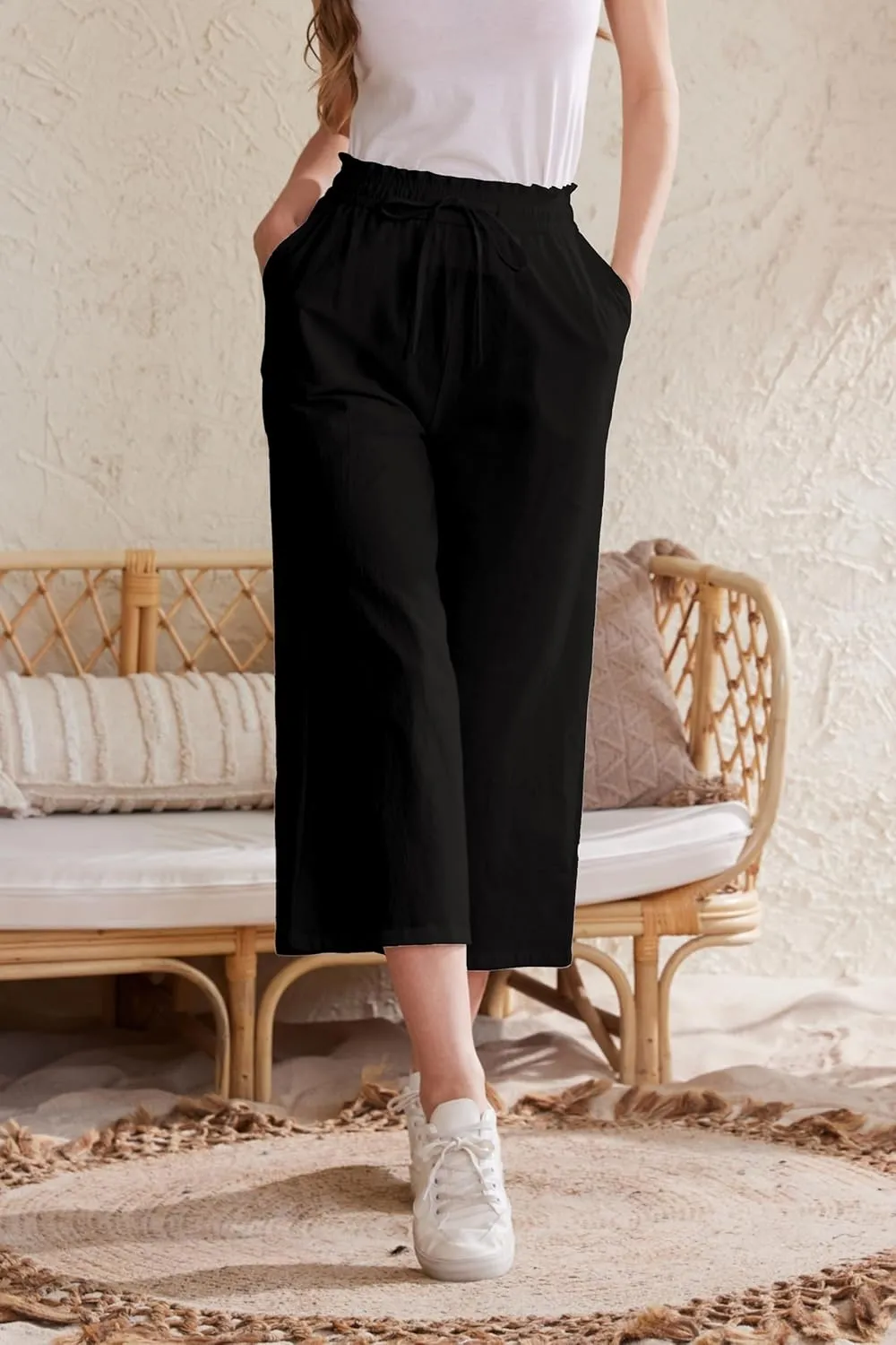 LNX Womens Linen Pants High Waisted Wide Leg Drawstring Casual Loose Trousers with Pockets