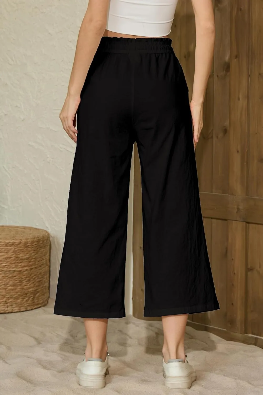 LNX Womens Linen Pants High Waisted Wide Leg Drawstring Casual Loose Trousers with Pockets