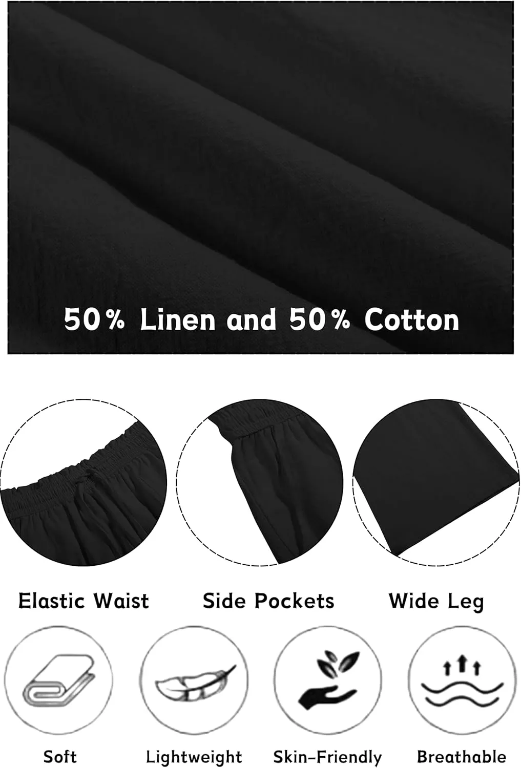 LNX Womens Linen Pants High Waisted Wide Leg Drawstring Casual Loose Trousers with Pockets