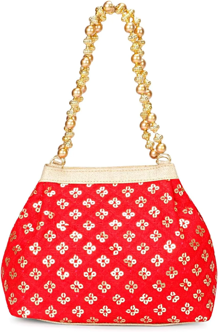 LONGING TO BUY Potli Bags for Women Embroidered Evening Purses with Gold Pearl Handle, Indian Women Potli Bags for Wedding