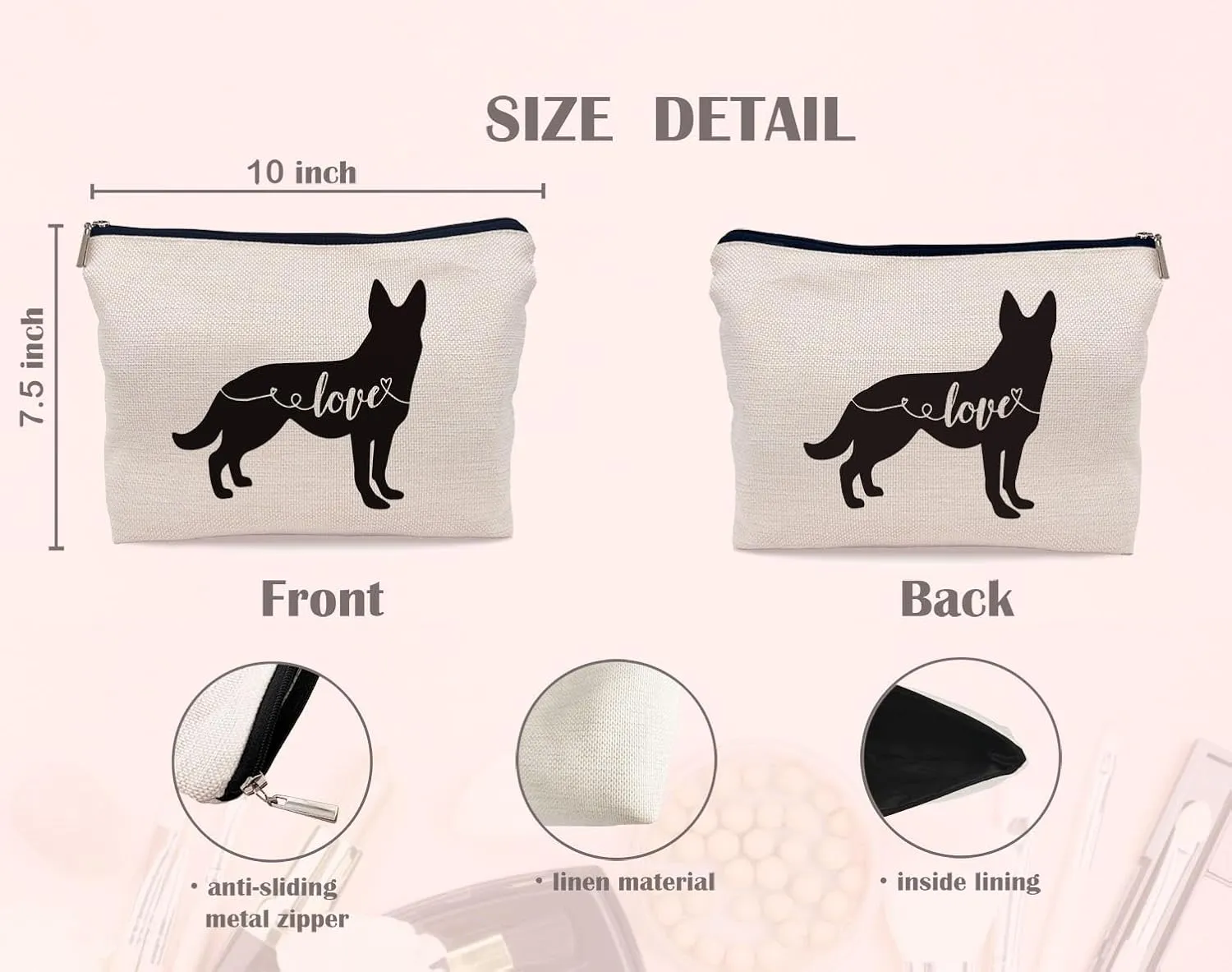 Love German Shepherd Makeup Bag, German Shepherd Silhouette Funny Cosmetic Makeup Bag for Dog Lovers, Women & Girls, Gifts for Dog Owners, Birthday & Valentine's Day