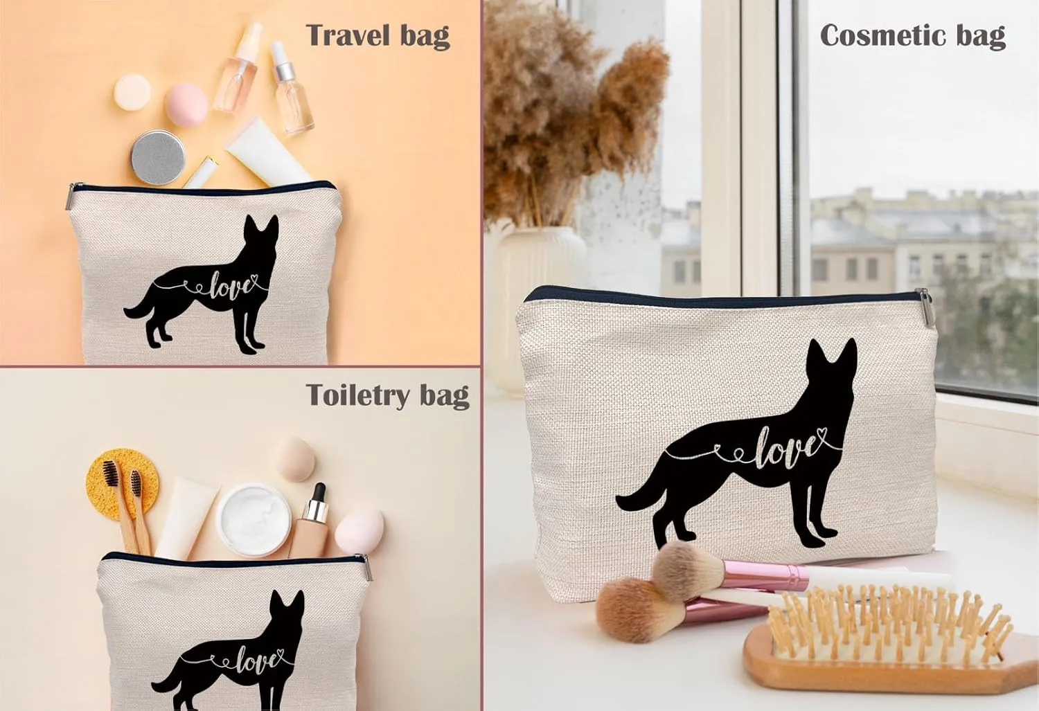 Love German Shepherd Makeup Bag, German Shepherd Silhouette Funny Cosmetic Makeup Bag for Dog Lovers, Women & Girls, Gifts for Dog Owners, Birthday & Valentine's Day