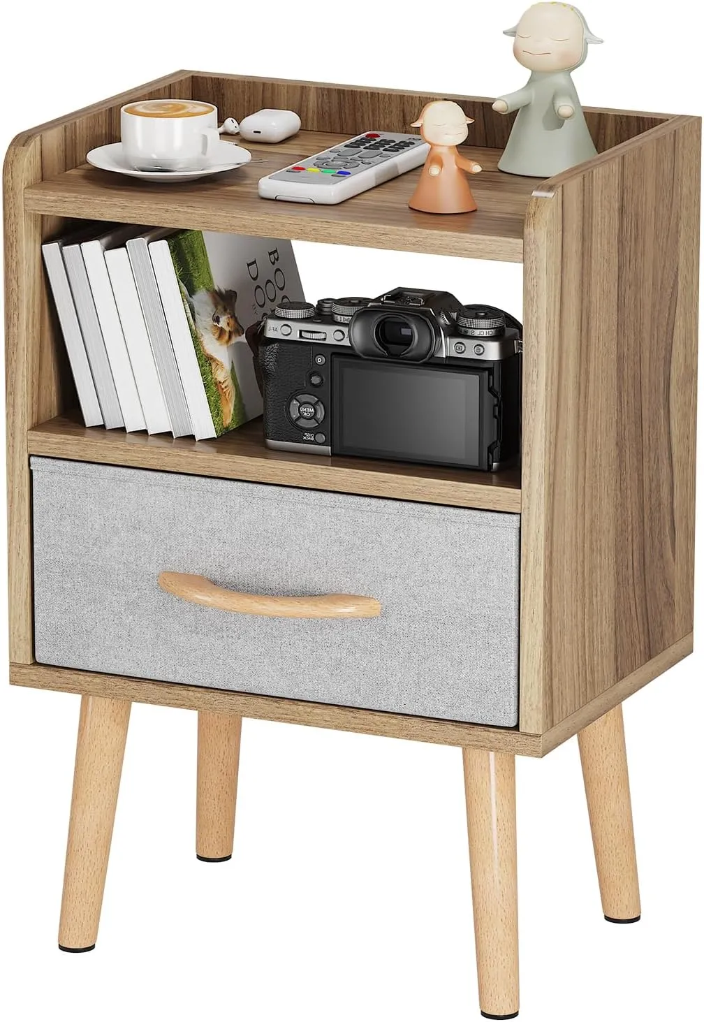 LUCKNOCK Night Stand with Drawer, Mid Century Modern Bedside Table, Sturdy Wood Nightstand with Open Storage Shelf, Small Bedside Table for Bedroom, Kids Room & Small Spaces, Walnut.