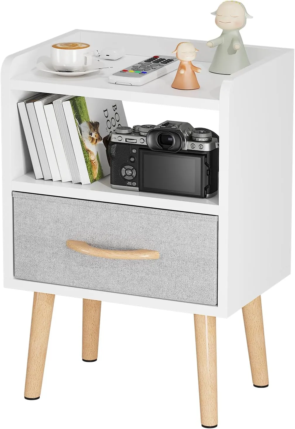 LUCKNOCK White Night Stand with Drawer, Mid Century Modern Bedside Table, Sturdy Wood Nightstand with Open Storage Shelf, Small Bedside Table for Bedroom, Kids Room & Small Spaces.
