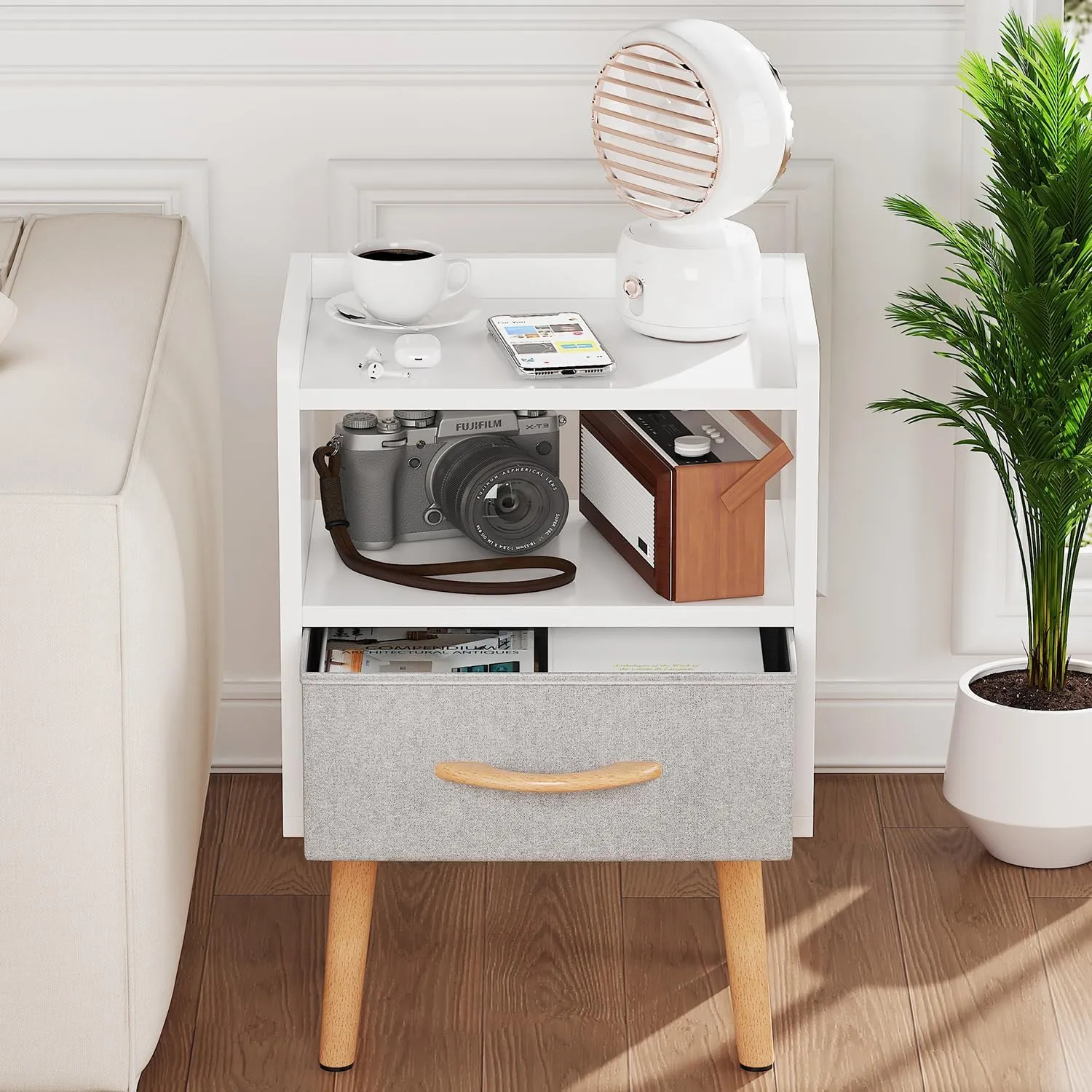 LUCKNOCK White Night Stand with Drawer, Mid Century Modern Bedside Table, Sturdy Wood Nightstand with Open Storage Shelf, Small Bedside Table for Bedroom, Kids Room & Small Spaces.