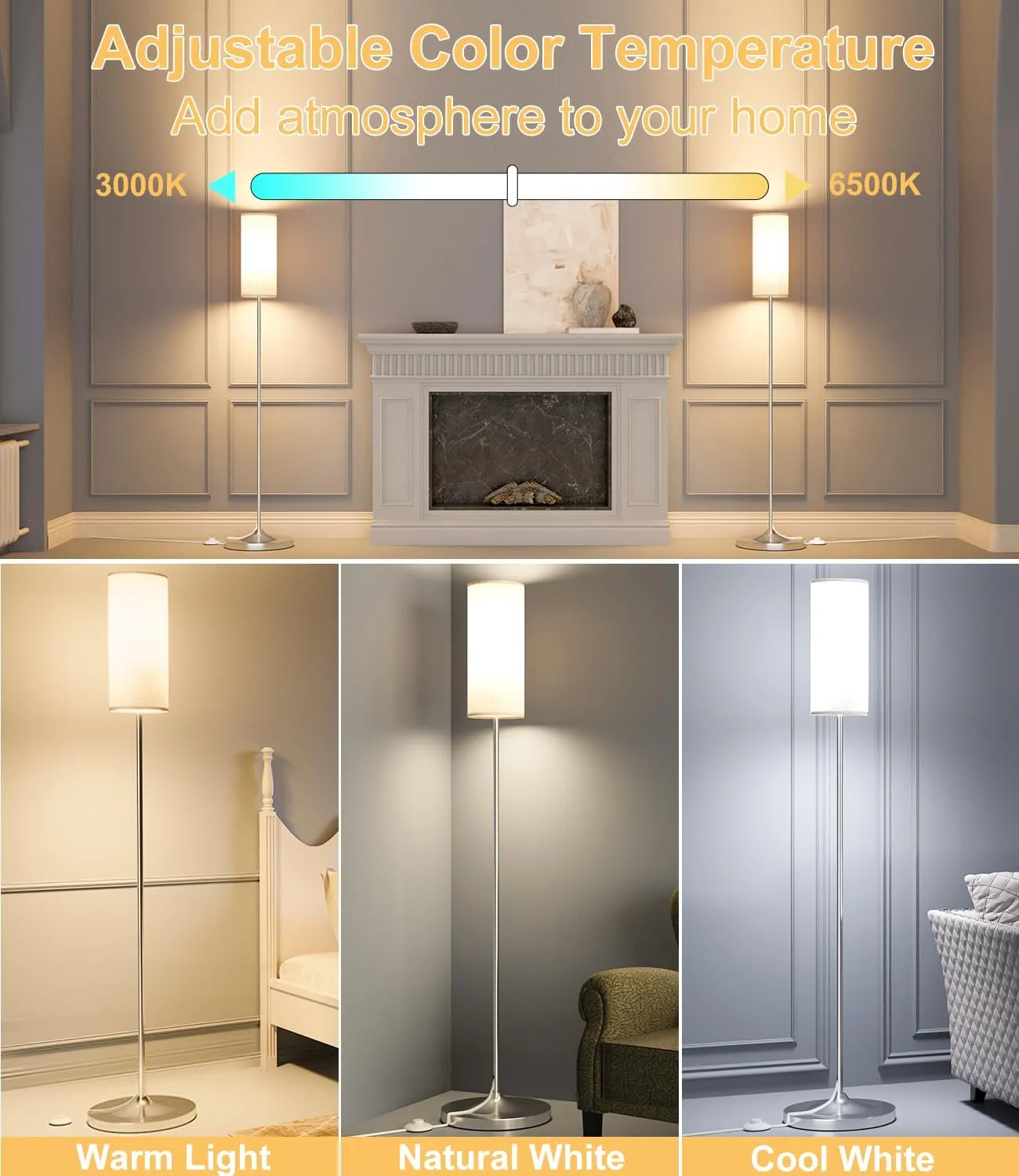 luckystyle LED Floor Lamp for Living Room, Dimmable Standing Lamps with Foot Switch,Remote Custom Color Temperature Silver Pole Lamp with Lampshade,12W Led Bulb Tall Lamps for Bedroom Office Kid Room