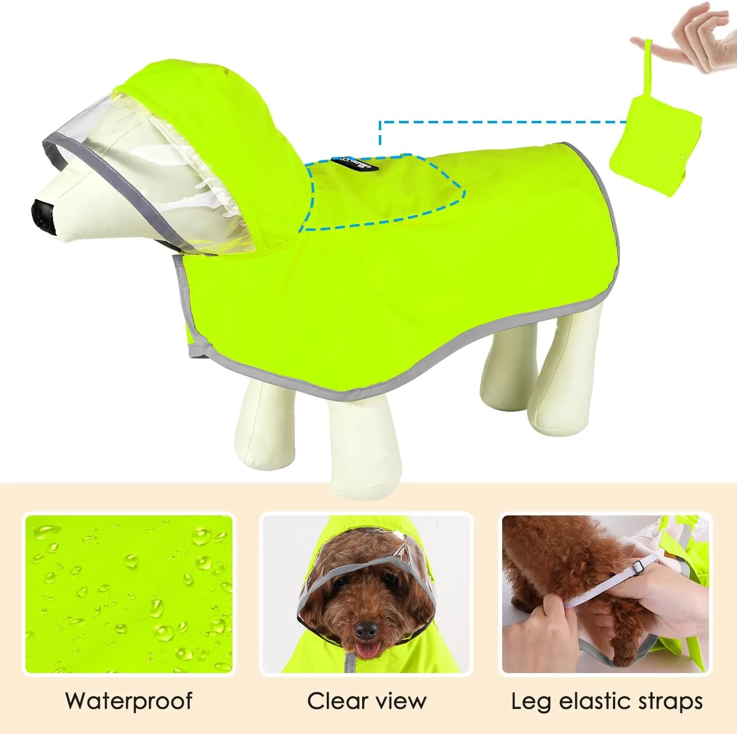 Lukovee Dog Raincoat - Adjustable Jacket with Clear Hooded Double Layer, Waterproof Dog Rain Coat Poncho with Reflective Storage Pocket & Rim (Green, XS)